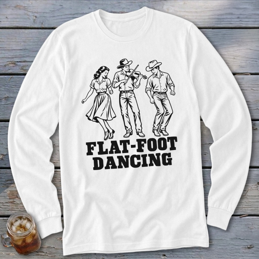 White long-sleeve shirt with "Flat-Foot Dancing" text and three dancing figures.