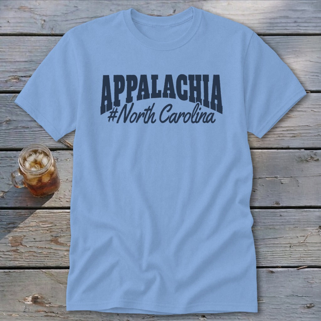 Light blue t-shirt with "APPALACHIA #North Carolina" printed in dark blue.