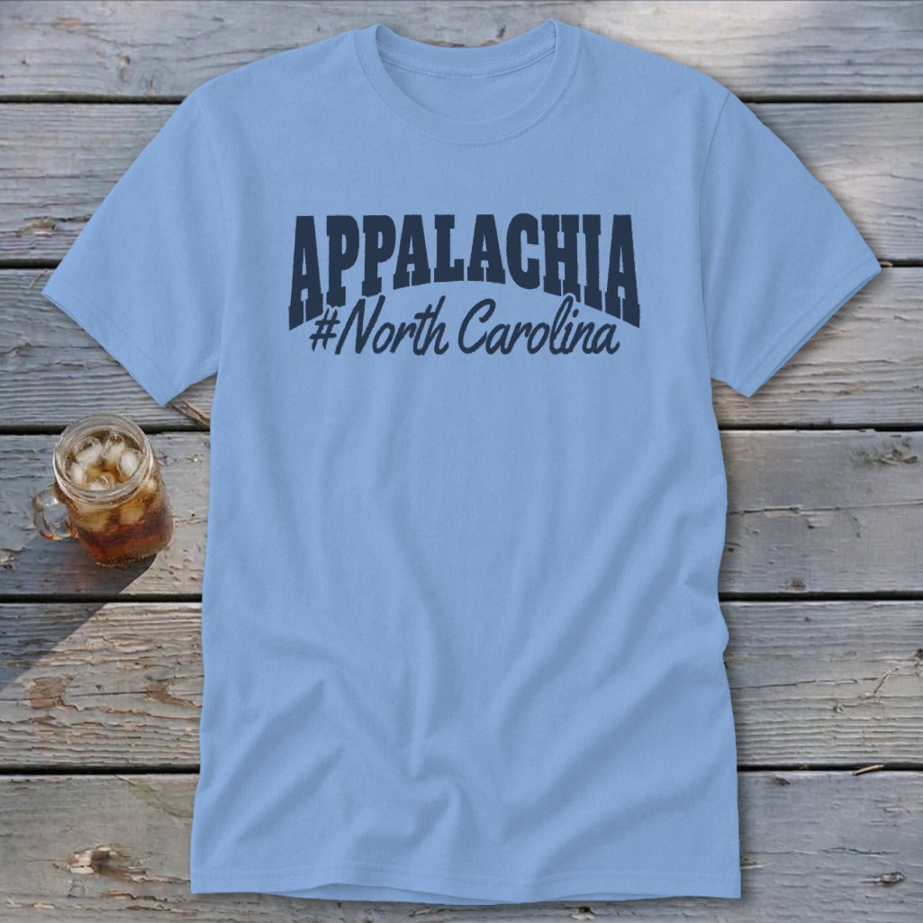 Light blue t-shirt with "APPALACHIA #North Carolina" printed in dark blue.