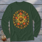Green long-sleeve shirt with a circular autumn leaf and acorn design.