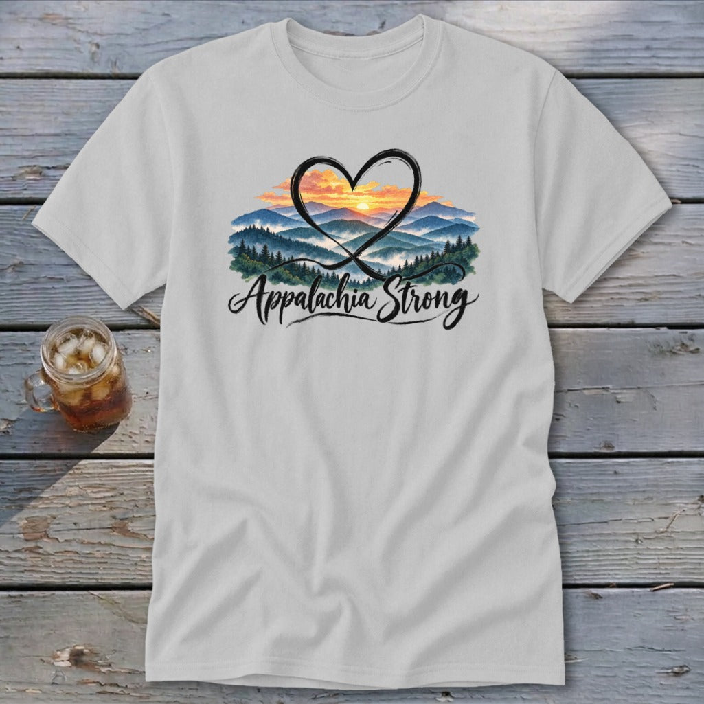 Light gray t-shirt with "Appalachia Strong" text and mountain heart graphic.