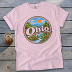 Pink t-shirt with a circular graphic featuring "Ohio" over a landscape with a deer.