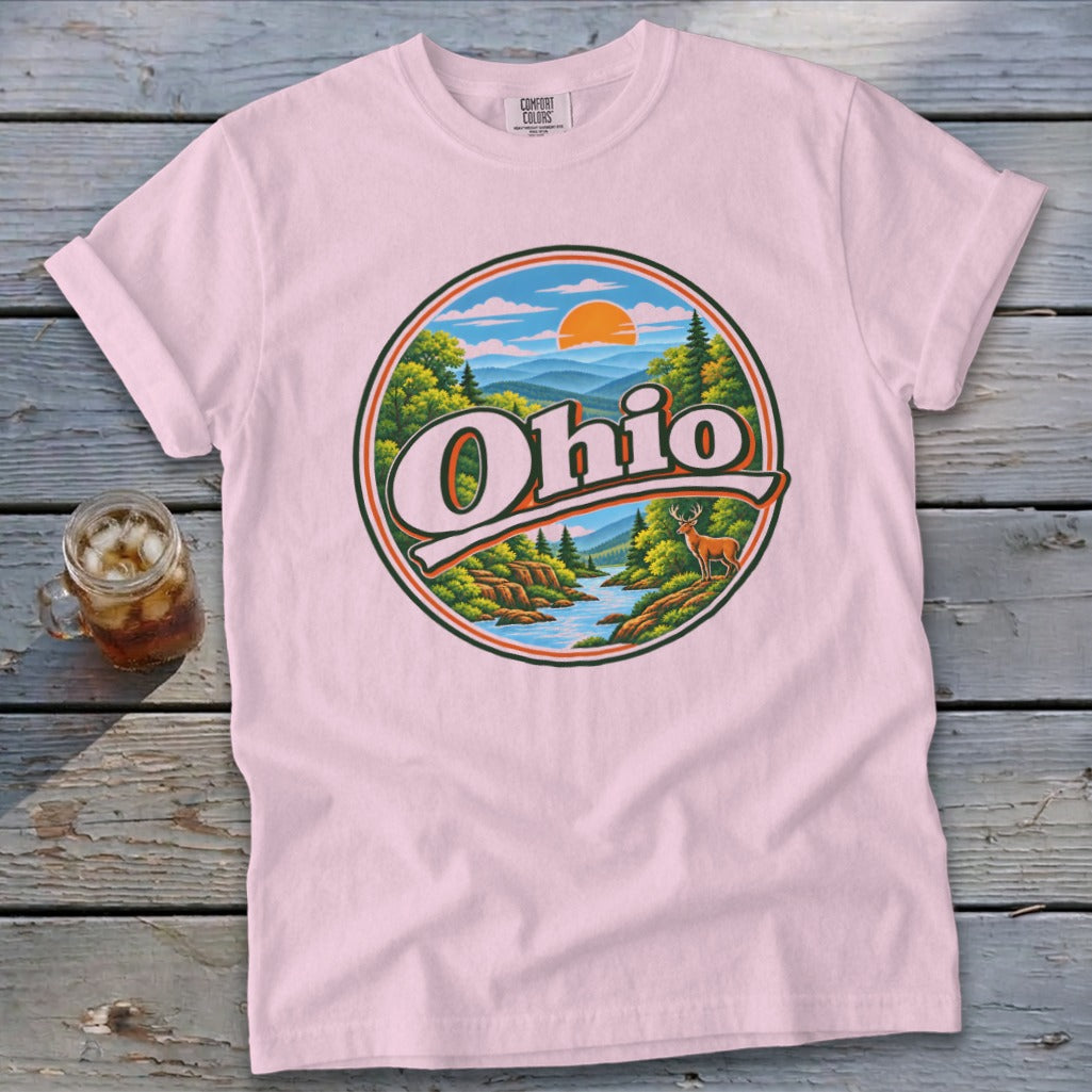 Pink t-shirt with a circular graphic featuring "Ohio" over a landscape with a deer.