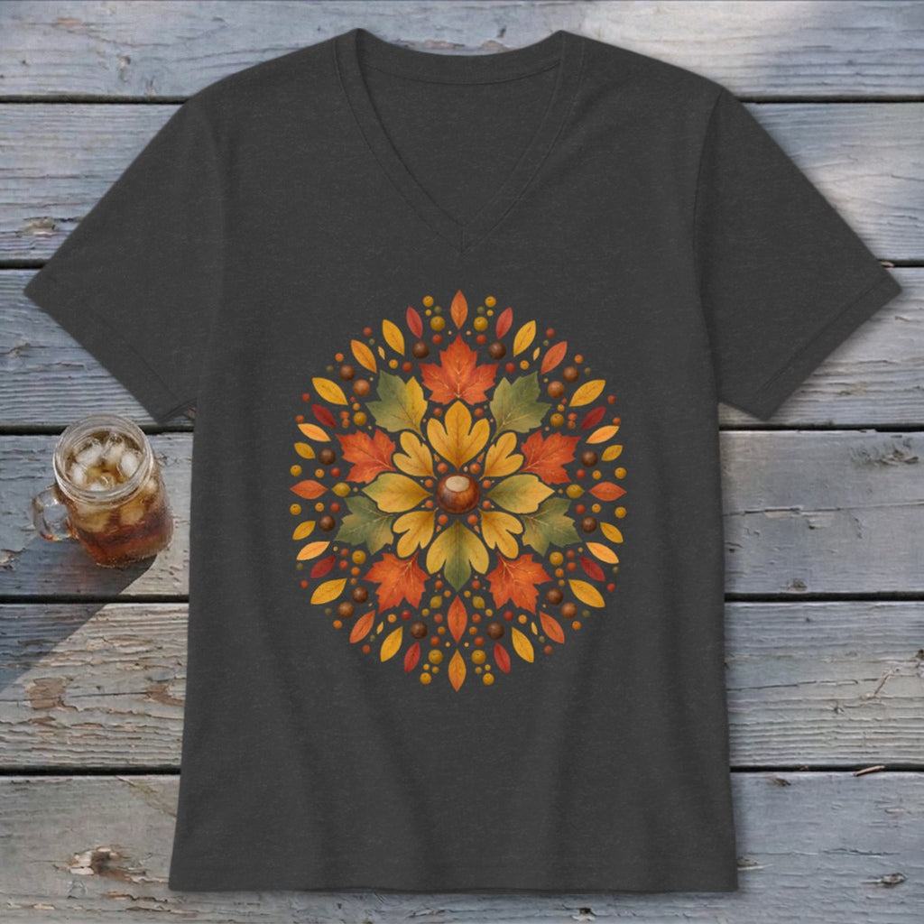 Dark grey v-neck t-shirt with circular autumn leaf mandala design.