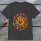 Dark grey v-neck t-shirt with circular autumn leaf mandala design.