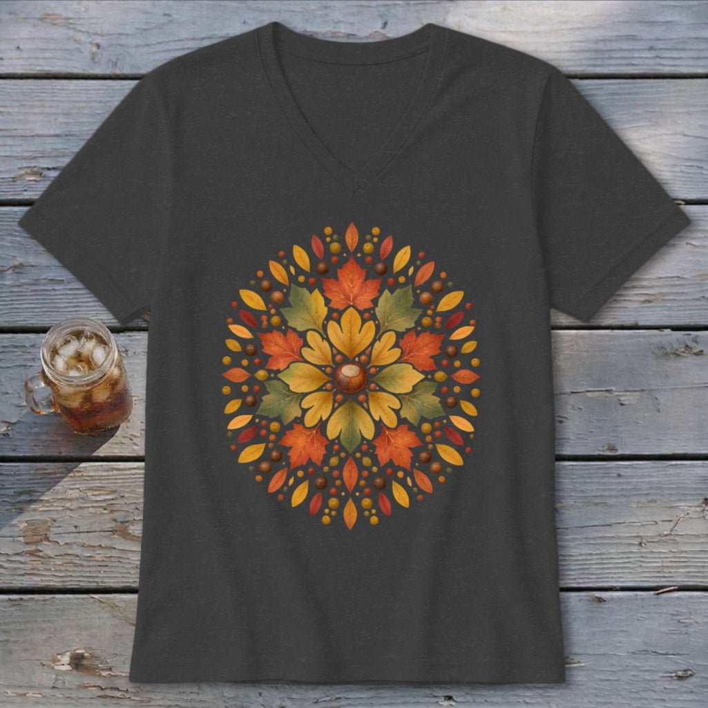 Dark grey v-neck t-shirt with circular autumn leaf mandala design.