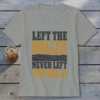 Gray t-shirt with "LEFT THE HOLLER NEVER LEFT THE HILLS" text and mountain graphic.