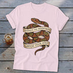 Pink t-shirt with coiled snake graphic reading "Respect the Mountains Watch Your Step".