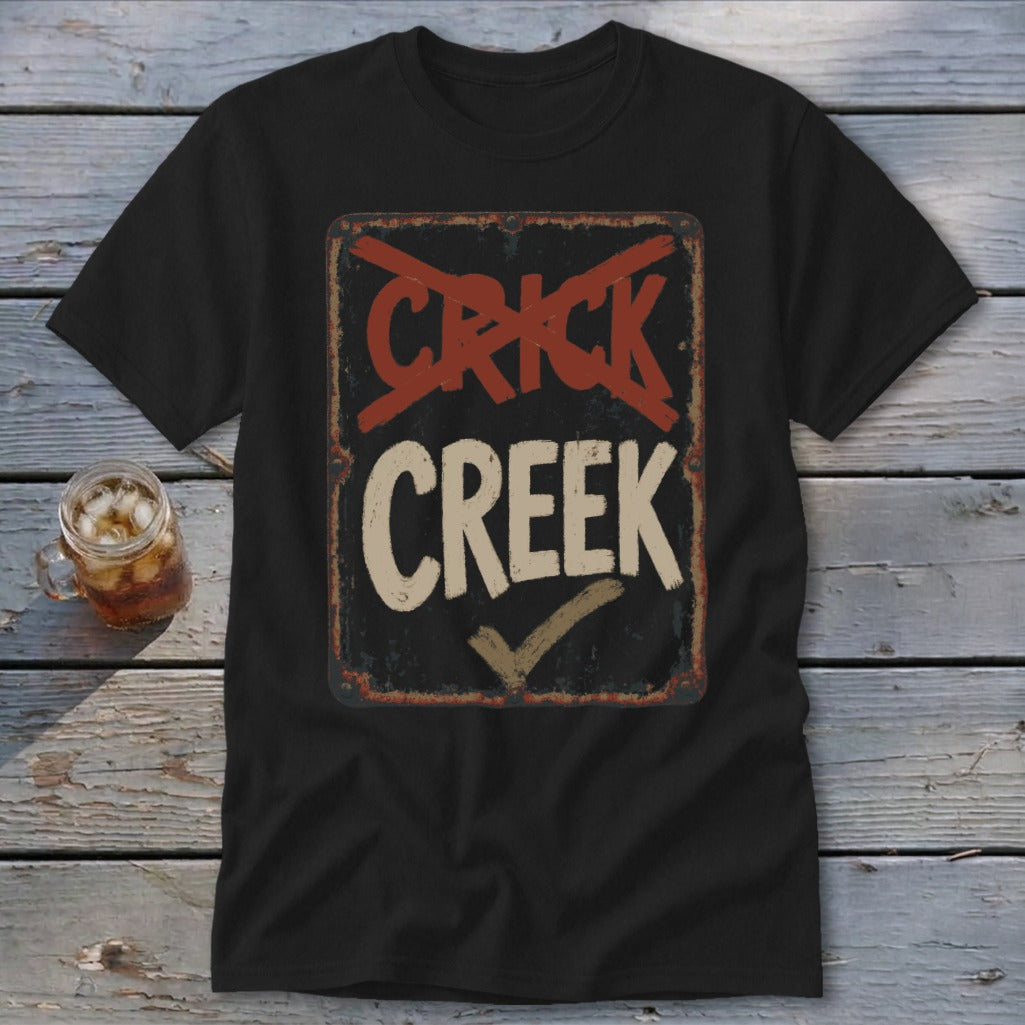 Black t-shirt with distressed "CRICK CREEK" sign graphic and checkmark.