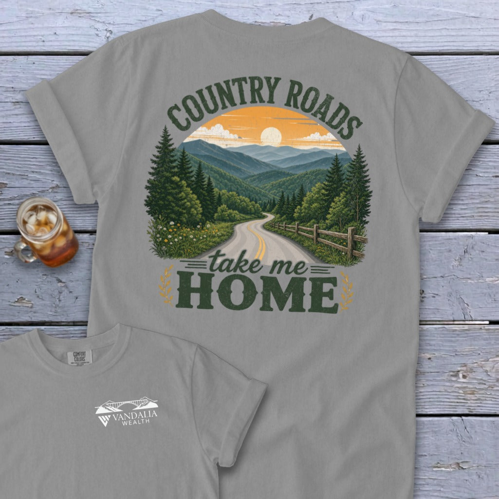 Grey t-shirt with "Country Roads Take Me Home" graphic of a mountain road at sunset.