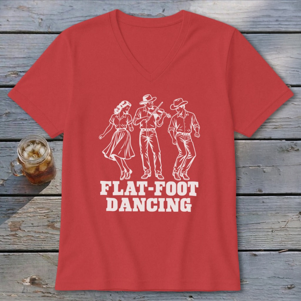 Red t-shirt with white graphic of three people dancing and the text "FLAT-FOOT DANCING".
