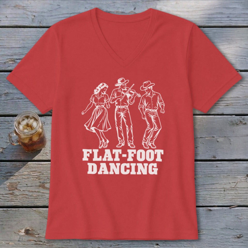 Red t-shirt with white graphic of three people dancing and the text "FLAT-FOOT DANCING".