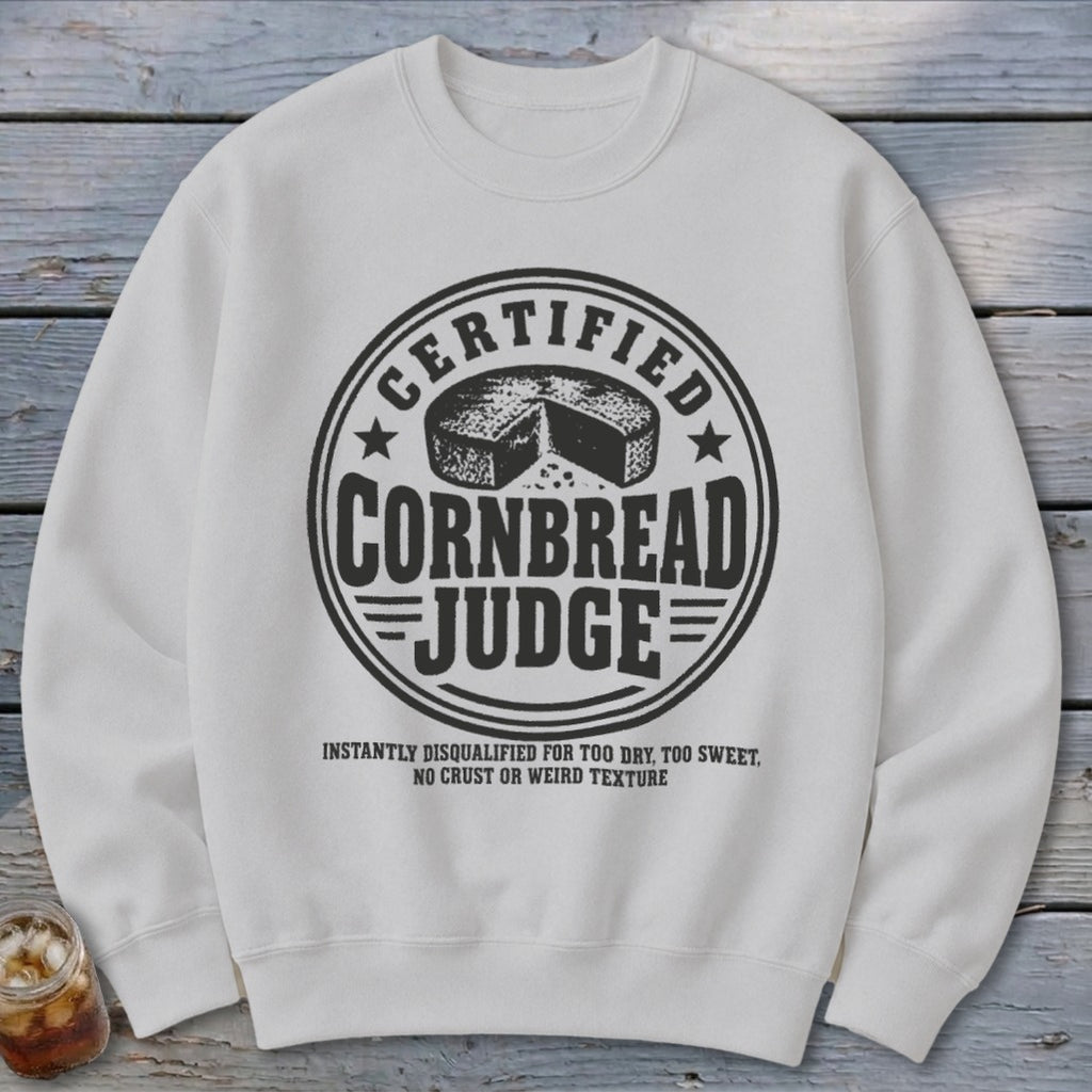 A white crewneck sweatshirt features a black circular graphic with text reading Certified Cornbread Judge.