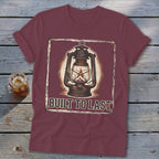 Burgundy t-shirt with vintage lantern graphic and "BUILT TO LAST" text.