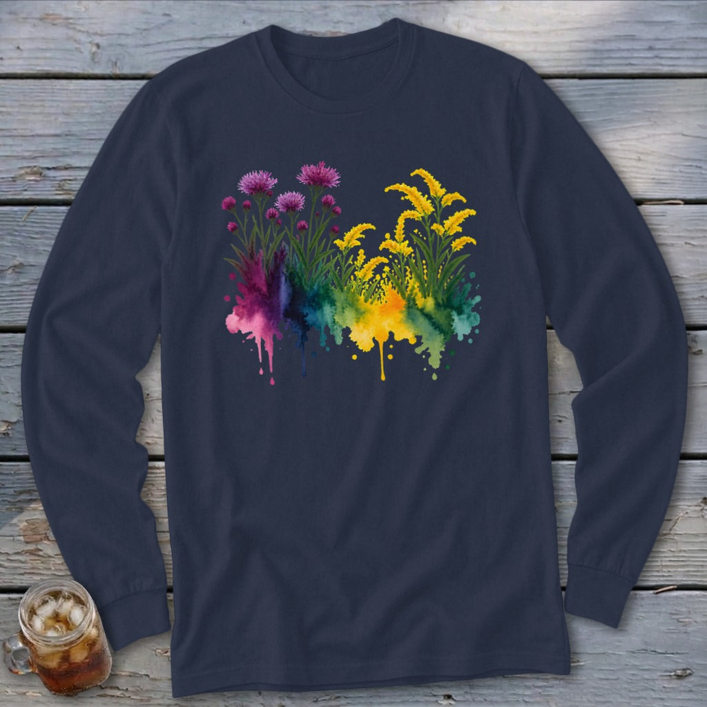 Navy long sleeve shirt with watercolor floral design in pink, yellow, and green.