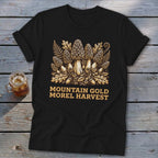 Black t-shirt with gold morel mushroom and foliage graphic and text "MOUNTAIN GOLD MOREL HARVEST".