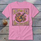 Pink t-shirt with "Mountain Soul and Front Porch Pickin'" text and acoustic guitar graphic.
