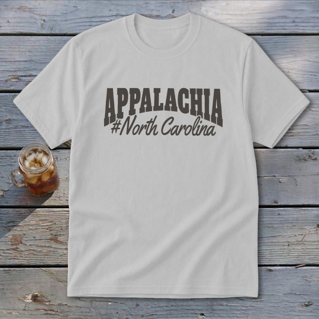 Light grey t-shirt with "APPALACHIA #North Carolina" text on front.